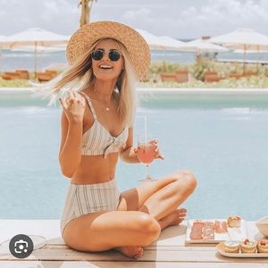 Albion Fit Swimsuit Women’s Top High Seas Top Striped Blue Beige Bow